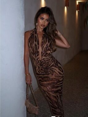 Fashion Nova Brown Sequin Zebra-Print Maxi Dress